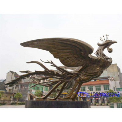 大型凤凰凤鸣铸铜纯铜雕塑凤舞飞天抽象动物景观定制城市广场雕塑