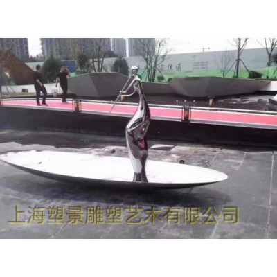 一叶舟上吹笛人 建筑入口水景雕塑 锻造不锈钢舟雕塑